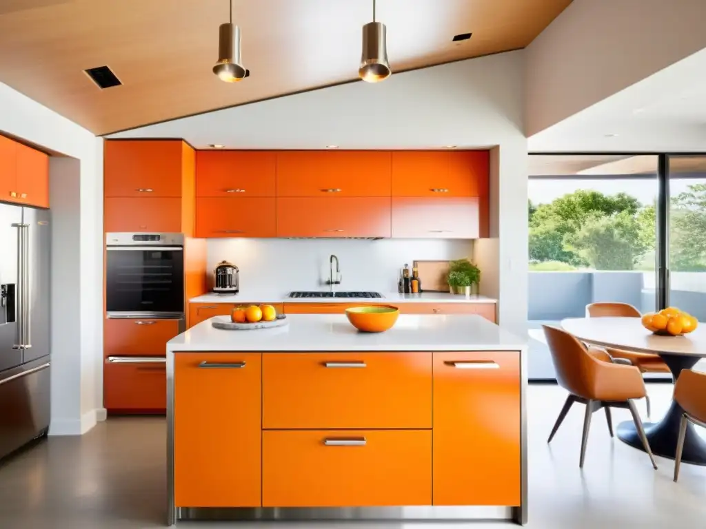 Incorporar electrodomésticos vintage modernos: una cocina moderna con toques retro, resaltada por un refrigerador naranja vibrante en medio de la isla