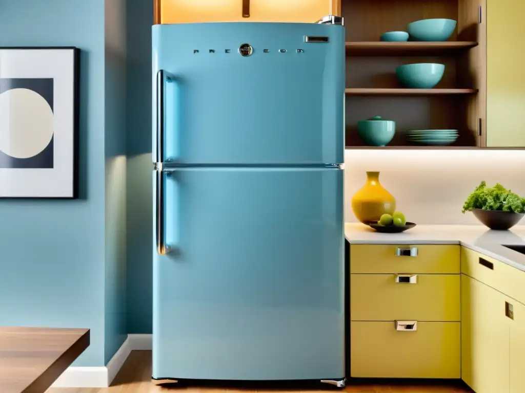 Incorporar electrodomésticos vintage modernos en una cocina moderna y elegante, con un refrigerador restaurado brillante y detalles en azul pastel