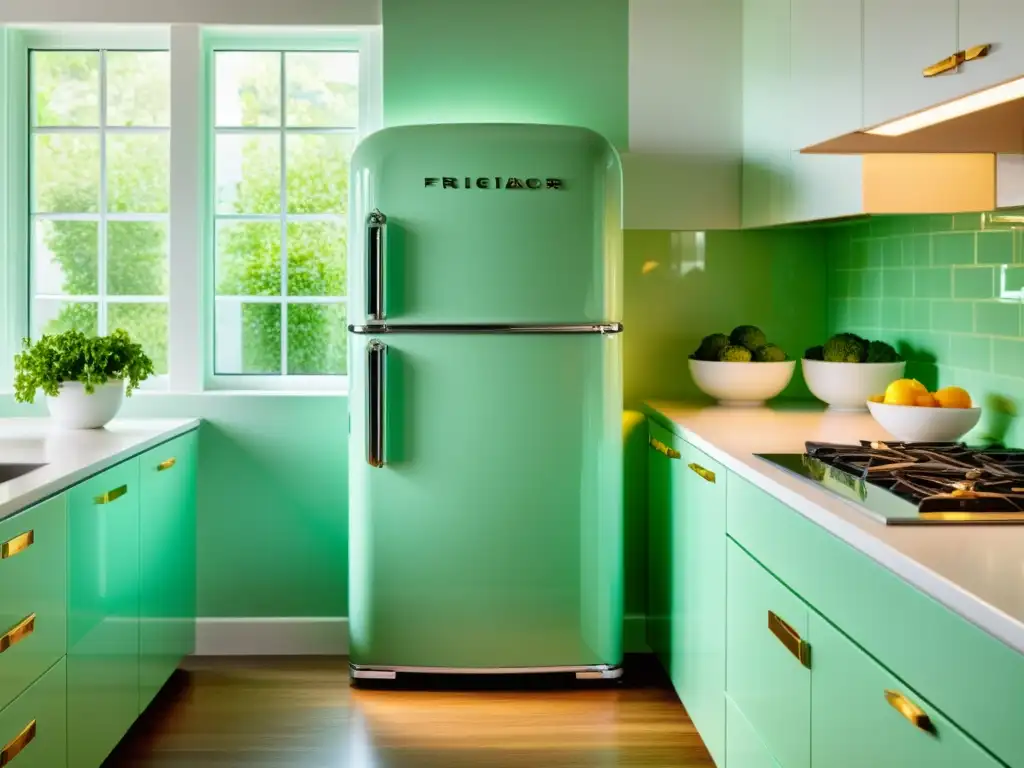 Incorporar electrodomésticos vintage modernos: Un refrigerador verde menta restaurado con elegancia, destaca en una cocina moderna con luz cálida