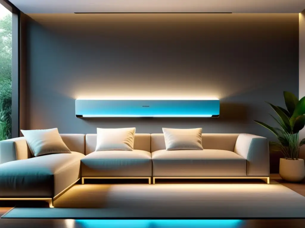 Un elegante aire acondicionado con luces LED personalizables, integrado en un moderno mueble de salón