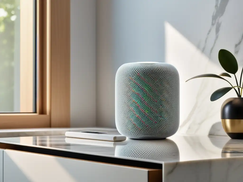 El elegante altavoz inteligente Apple HomePod se destaca sobre una encimera de mármol blanco, iluminado por suave luz natural