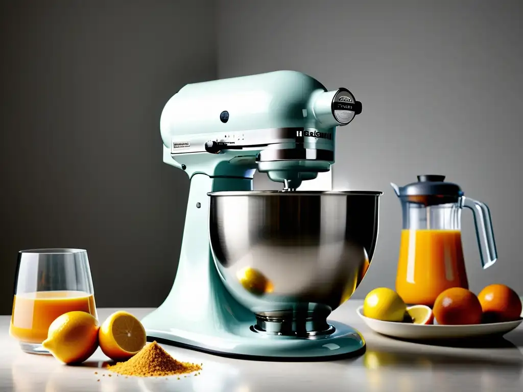 Robot de cocina profesional: potente, versátil y elegante Una elegante batidora de alto rendimiento con accesorios y ingredientes, destacando su versatilidad para repostería