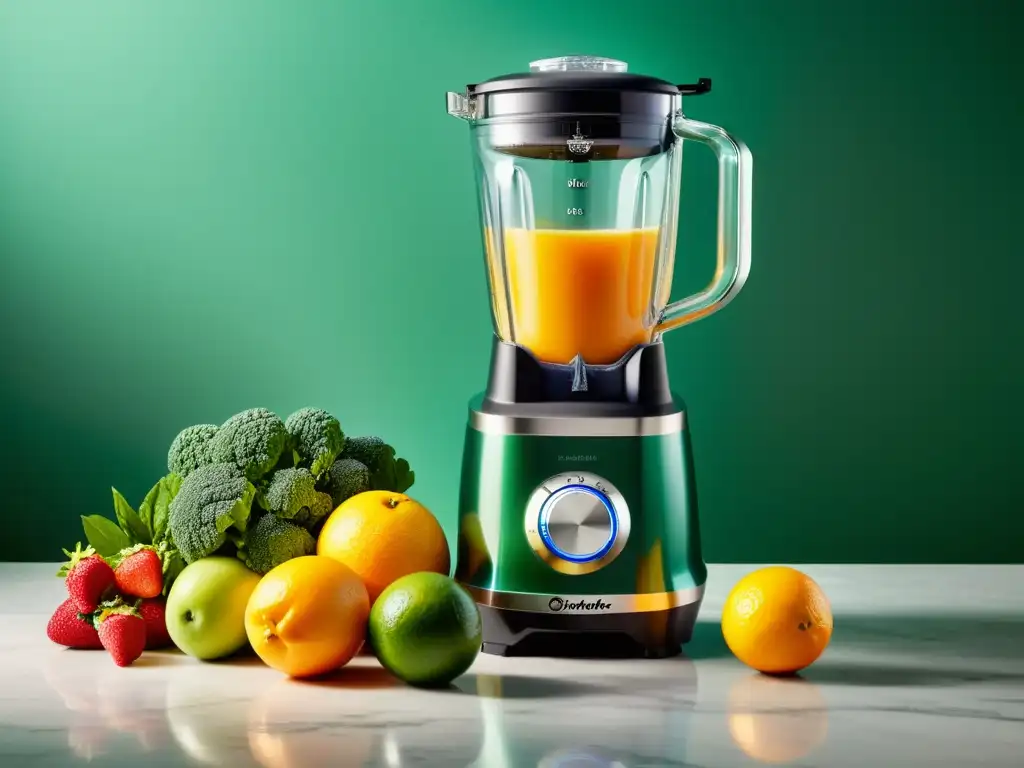 Batidora de alta potencia: colores y texturas Una elegante batidora de vaso para smoothies resalta en un entorno de eficiencia y elegancia, rodeada de frutas frescas y verduras