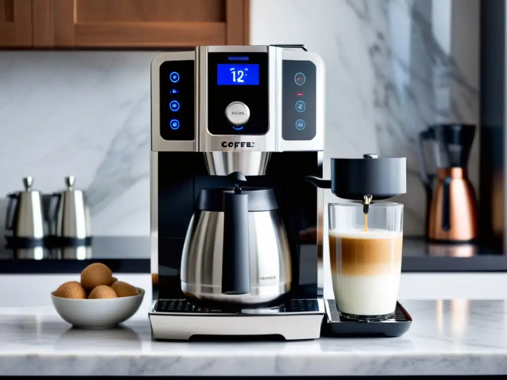 Una elegante cafetera automática con acabado cromado, display digital y botones para personalizar