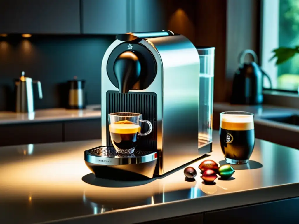 Una elegante cafetera Nespresso en una cocina moderna, rodeada de tazas de espresso, leche espumada y granos de café premium