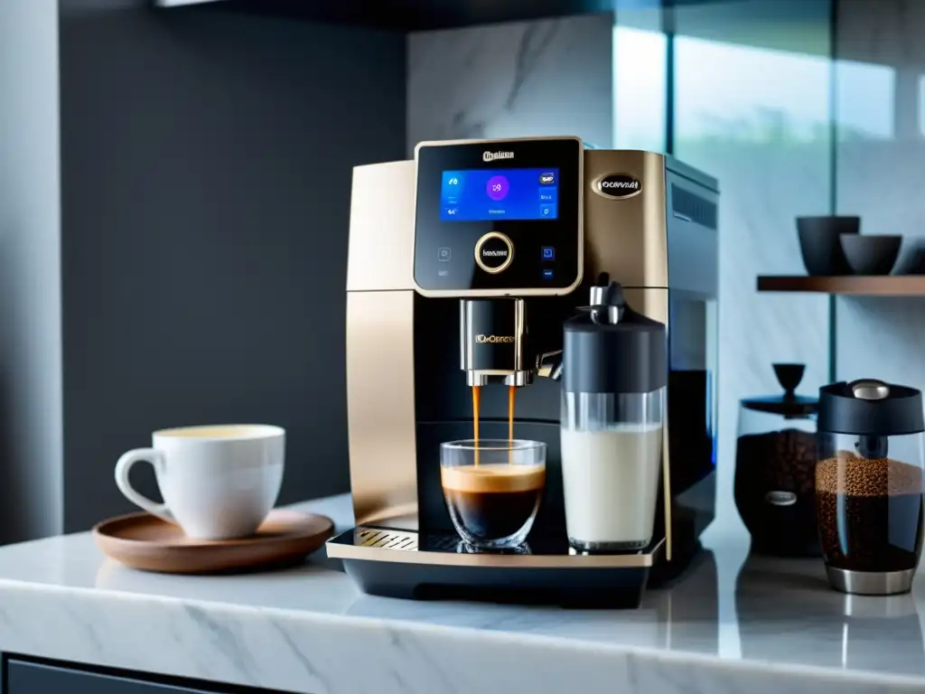 Una elegante cafetera De'Longhi Dinamica superautomática en un lujoso entorno de mármol, preparando un exquisito café con leche