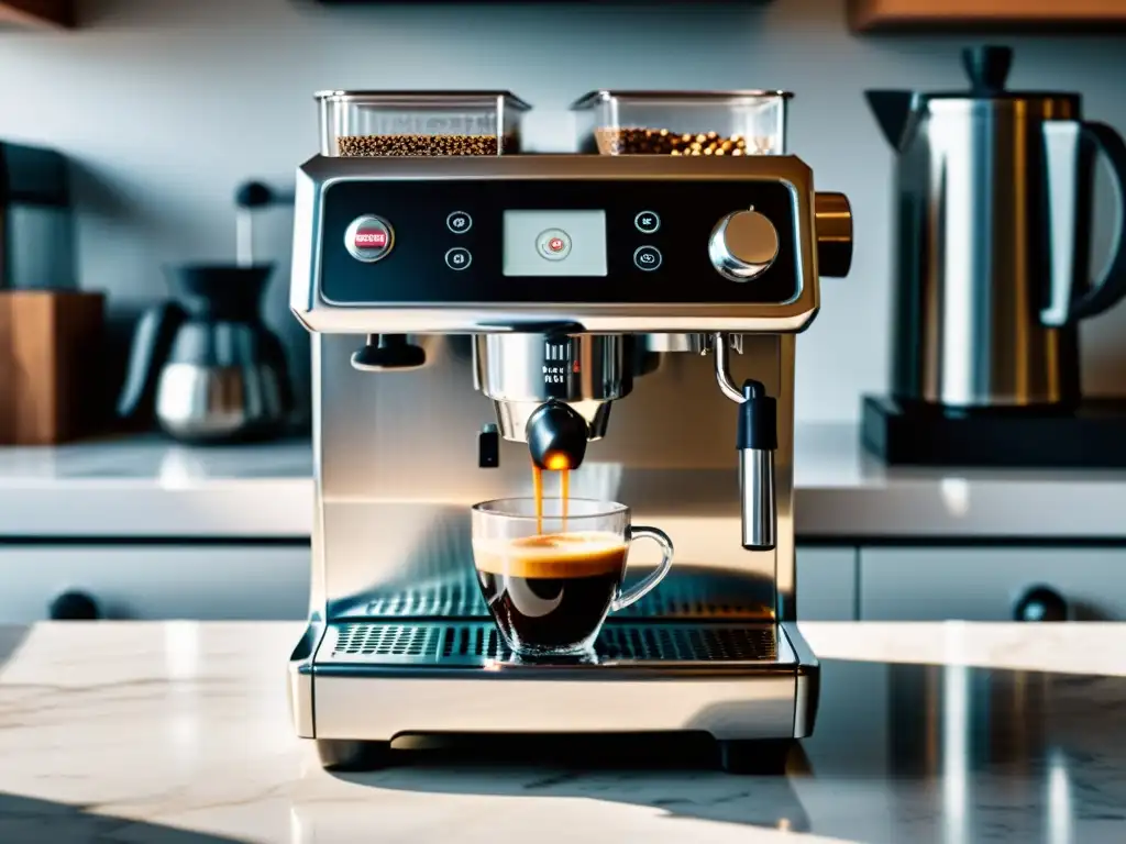 Una elegante cafetera express moderna en una encimera blanca, rodeada de granos de café recién molidos, jarra de espumar leche y tazas de café blanco