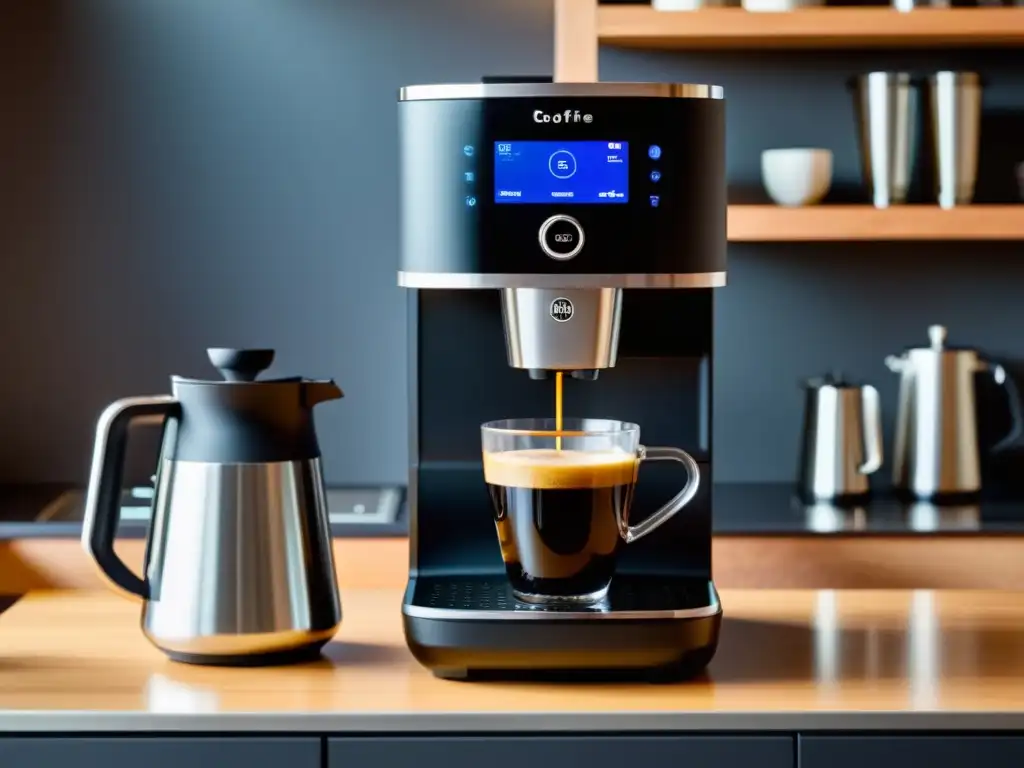 Una elegante cafetera con conexión WiFi, diseño minimalista en negro mate con detalles cromados