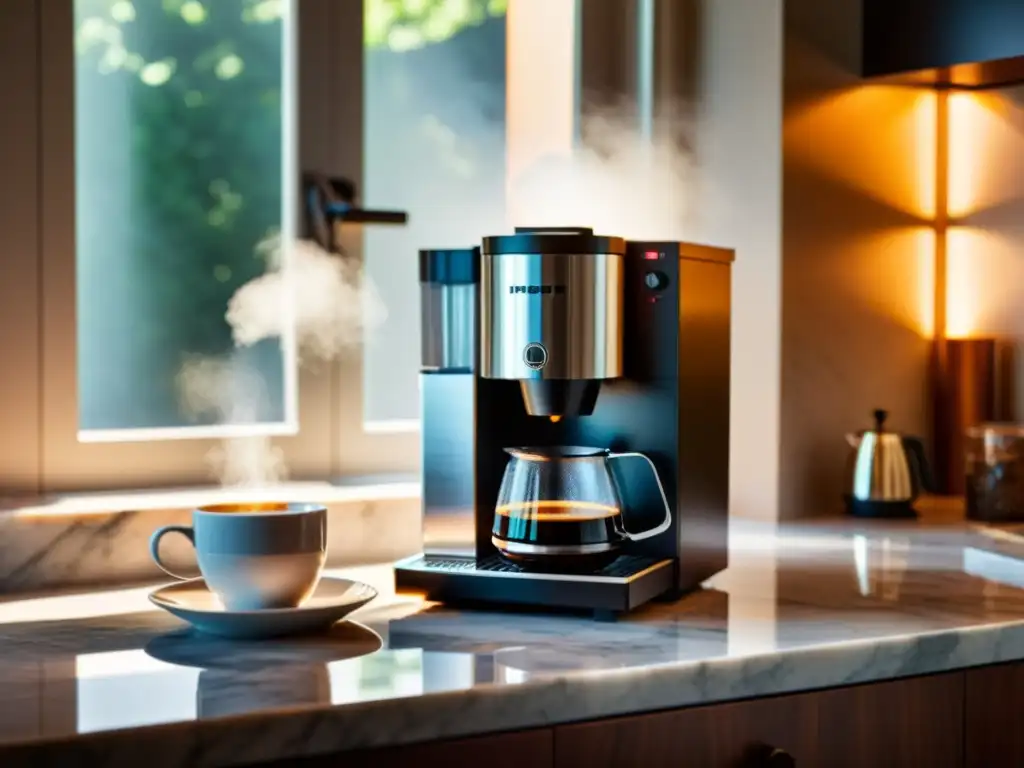 Una elegante cafetera moderna descansa en una encimera de mármol, con una taza humeante de café recién hecho al lado