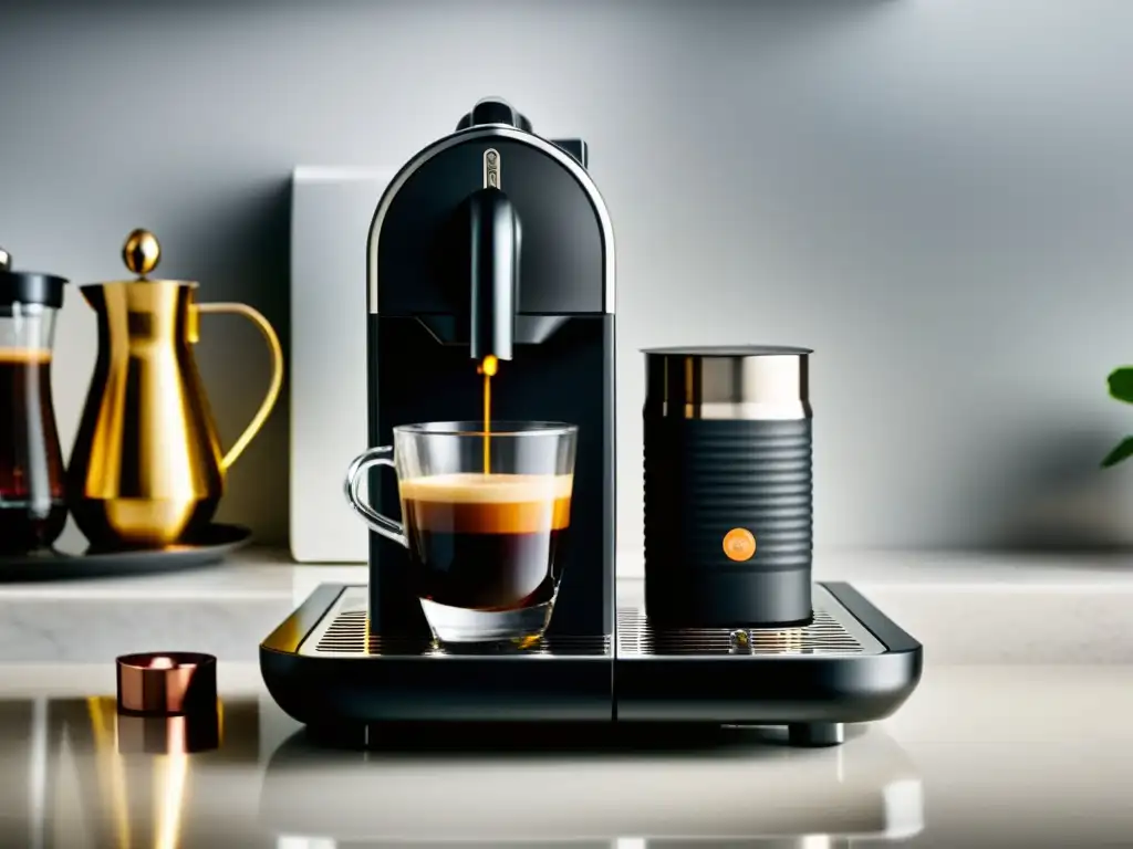 Una elegante cafetera Nespresso en un mostrador blanco, rodeada de tazas de espresso y granos de café