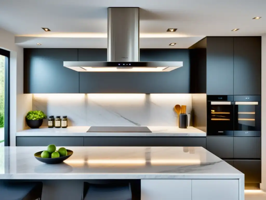 Una elegante campana extractora decorativa DIY de acero inoxidable sobre isla de cocina moderna, iluminada con LED, realzando su diseño contemporáneo