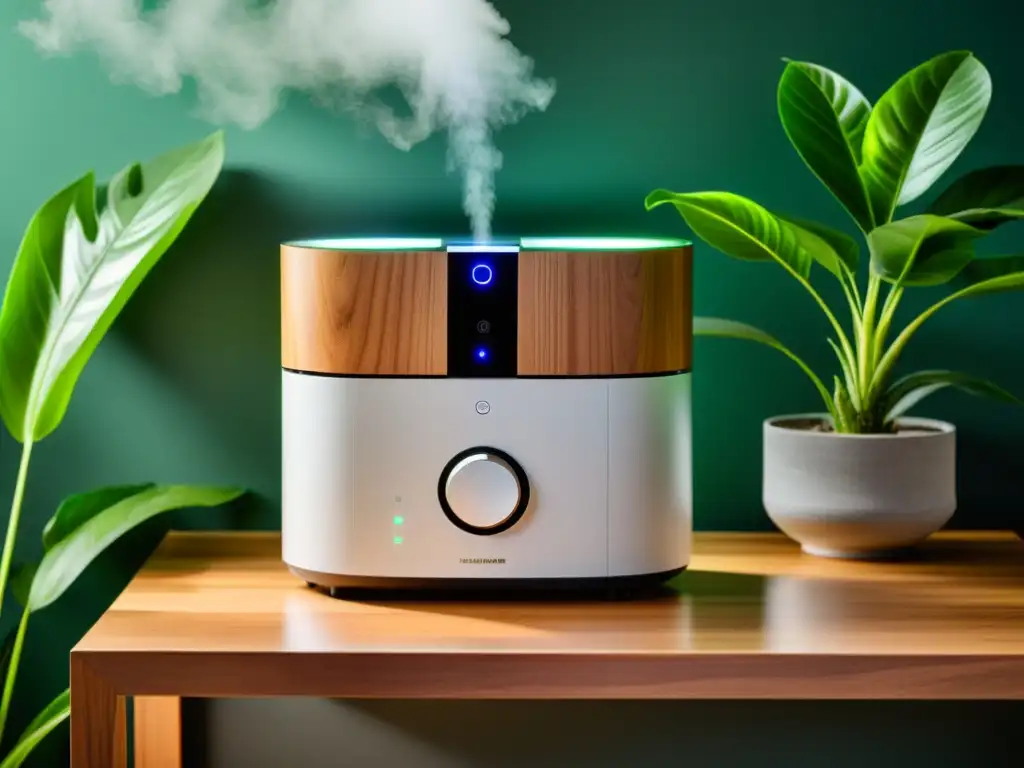 Un elegante combo de humidificador y deshumidificador en equilibrio con la naturaleza en un hogar lleno de tecnología y estilo