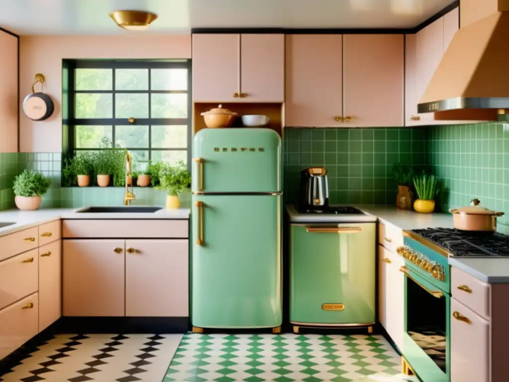 Un elegante y detallado diseño de cocina retro con electrodomésticos de marcas líderes estilo retro, bañados en luz natural suave y encanto vintage