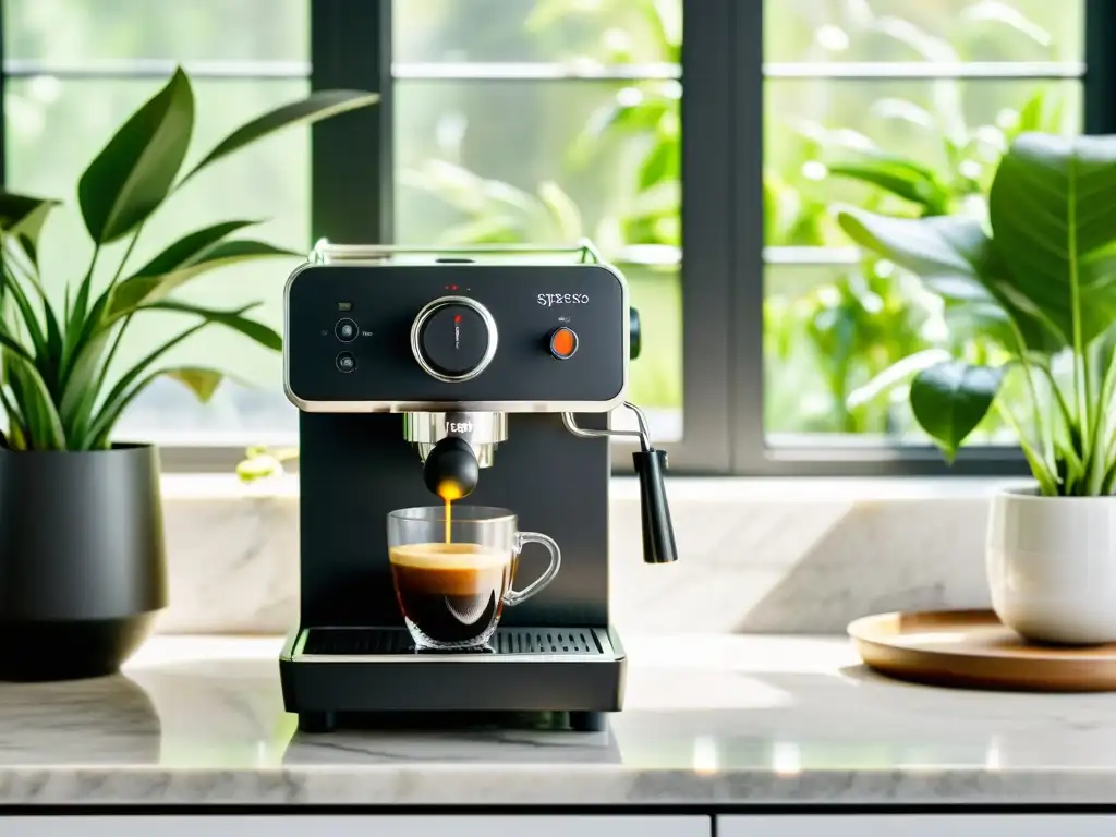 Un elegante diseño de electrodomésticos para decoración en una cocina minimalista y sofisticada con plantas verdes y utensilios modernos