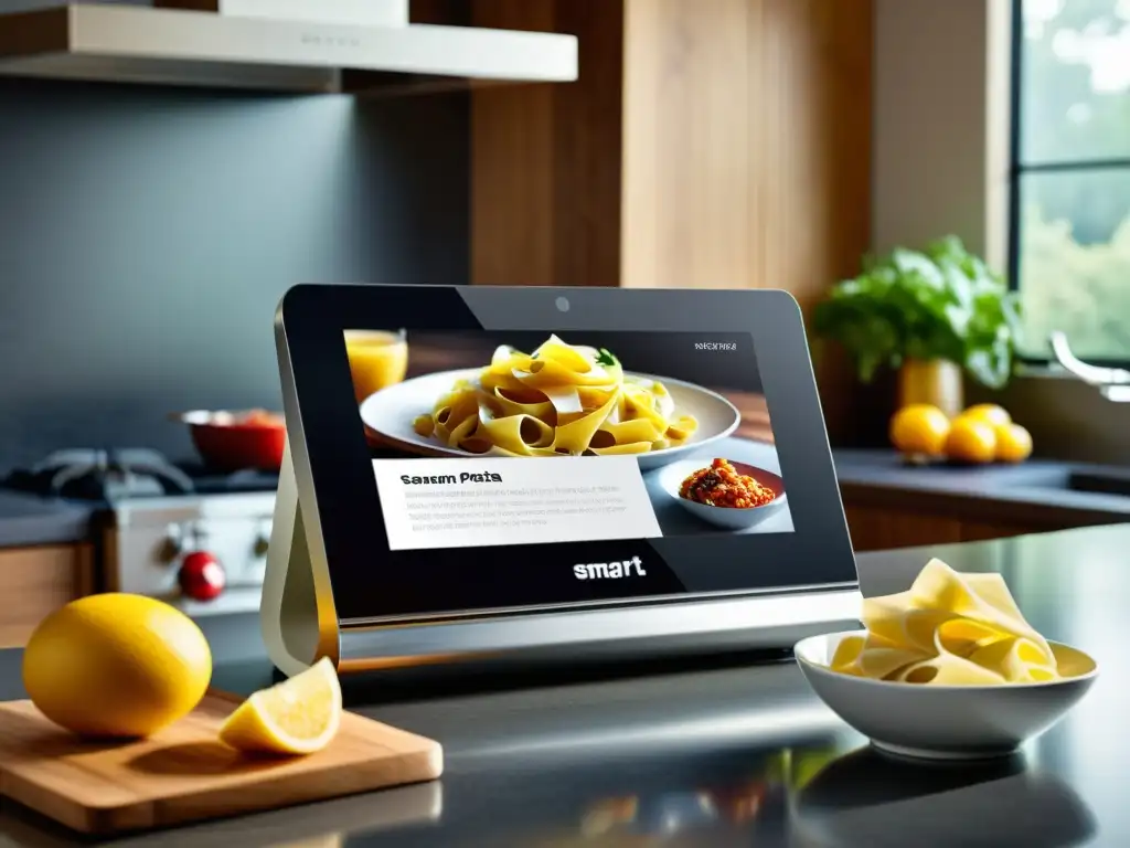 Un elegante smart display en la cocina, mostrando una receta de pasta HD, fusionando tecnología y arte culinario