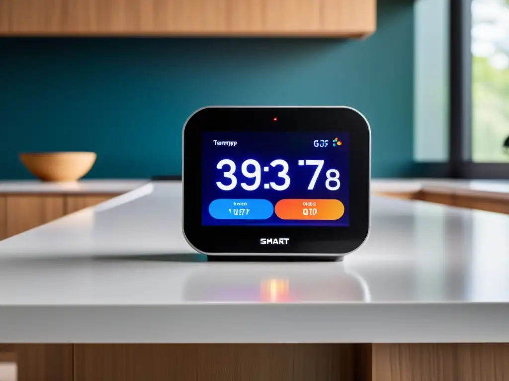 Un elegante dispositivo inteligente para el hogar muestra datos de temperatura y salud en una pantalla digital, rodeado de iluminación natural suave