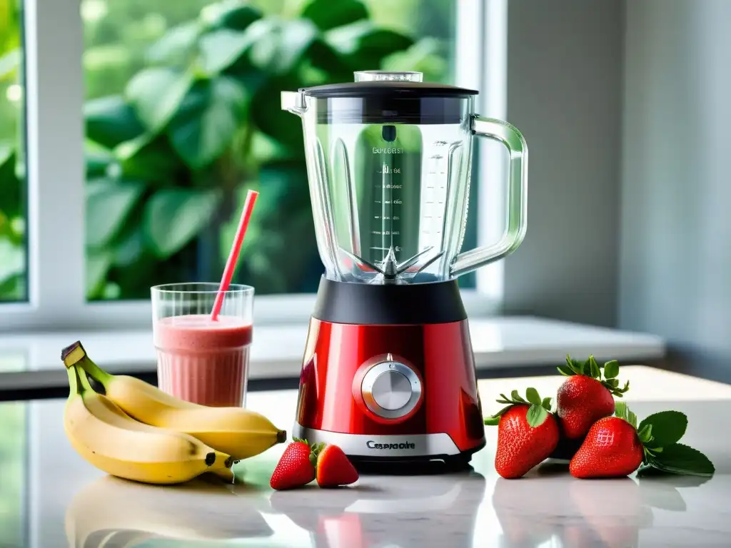 Un elegante electrodoméstico multifuncional de vidrio en una cocina minimalista con smoothie de fresas y plátano