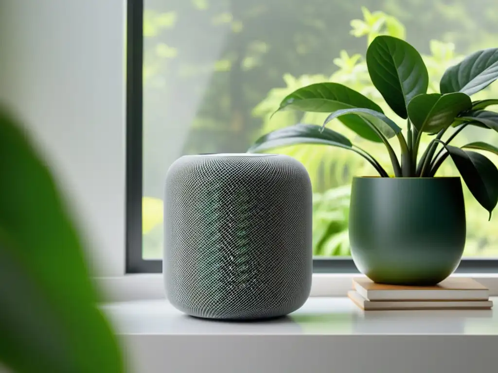 El elegante Apple HomePod se destaca en un entorno moderno y natural, mostrando su integración perfecta en el hogar