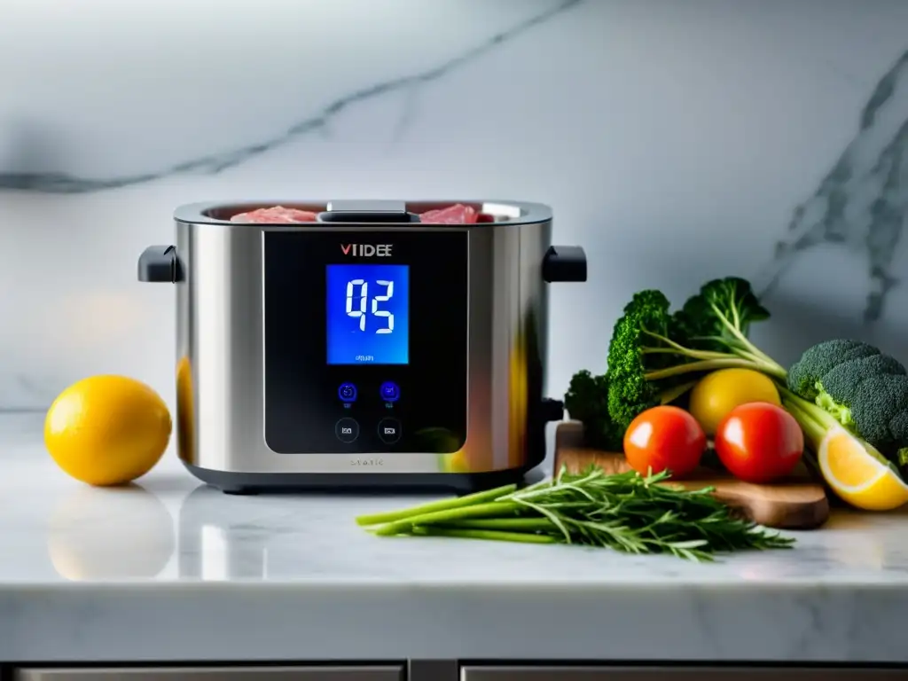 Un elegante equipo sous vide de acero inoxidable en una cocina luminosa con ingredientes frescos