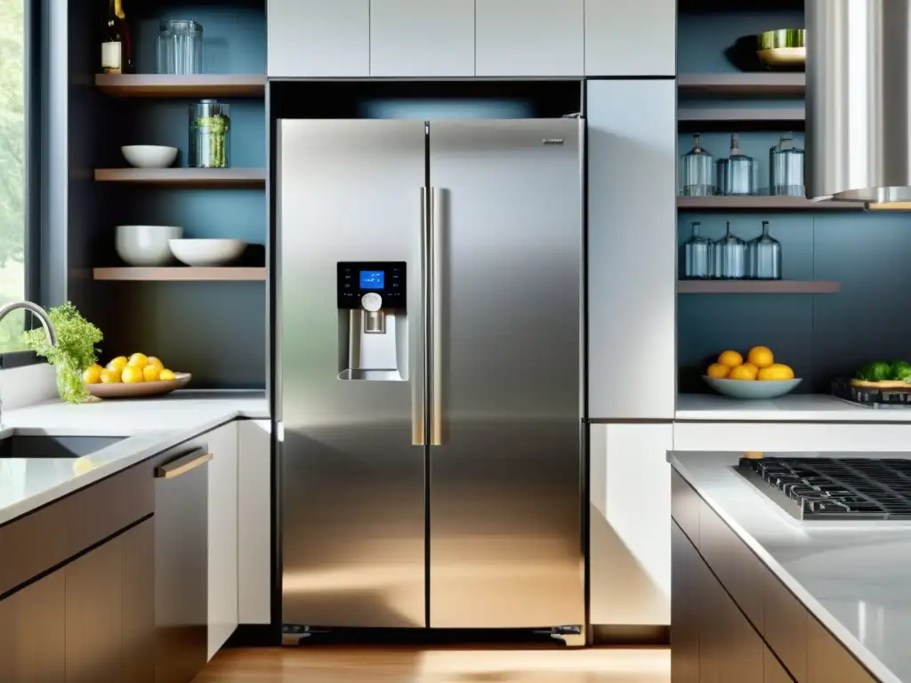 Un elegante frigorífico side by side de acero inoxidable en una cocina moderna y luminosa, con detalles personalizados y una organización impecable