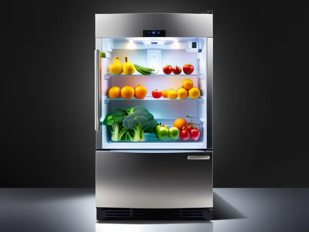 Un elegante frigorífico de acero inoxidable con iluminación LED resalta frutas y verduras frescas, creando una atmósfera moderna y sofisticada