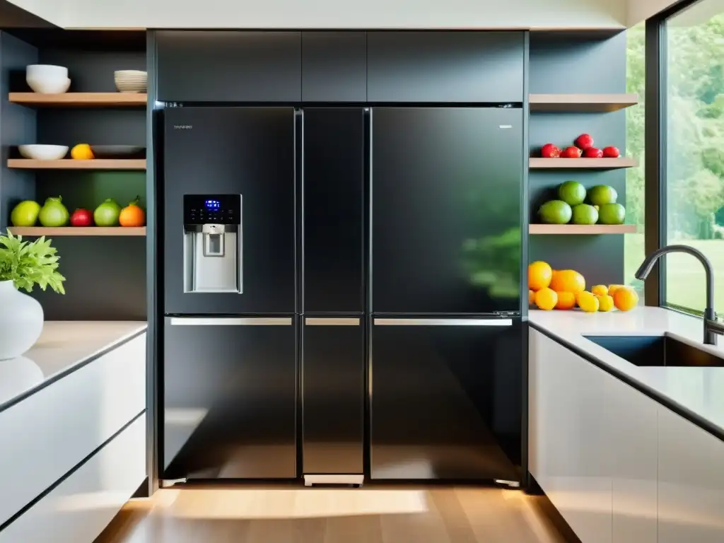 Un elegante frigorífico side by side en una cocina moderna y luminosa, con puertas parcialmente abiertas revelando alimentos frescos y coloridos