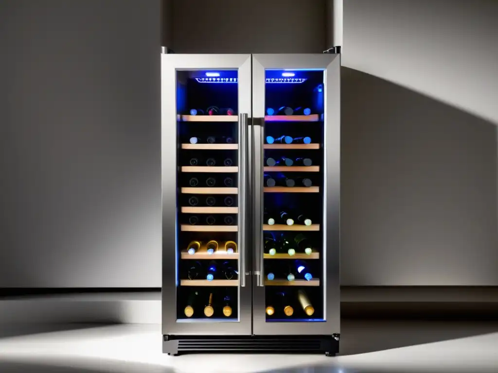 Un elegante frigorífico de vinos Vinoteca BODEGA43 para vinos, con puerta de cristal y botellas organizadas, iluminado por LED