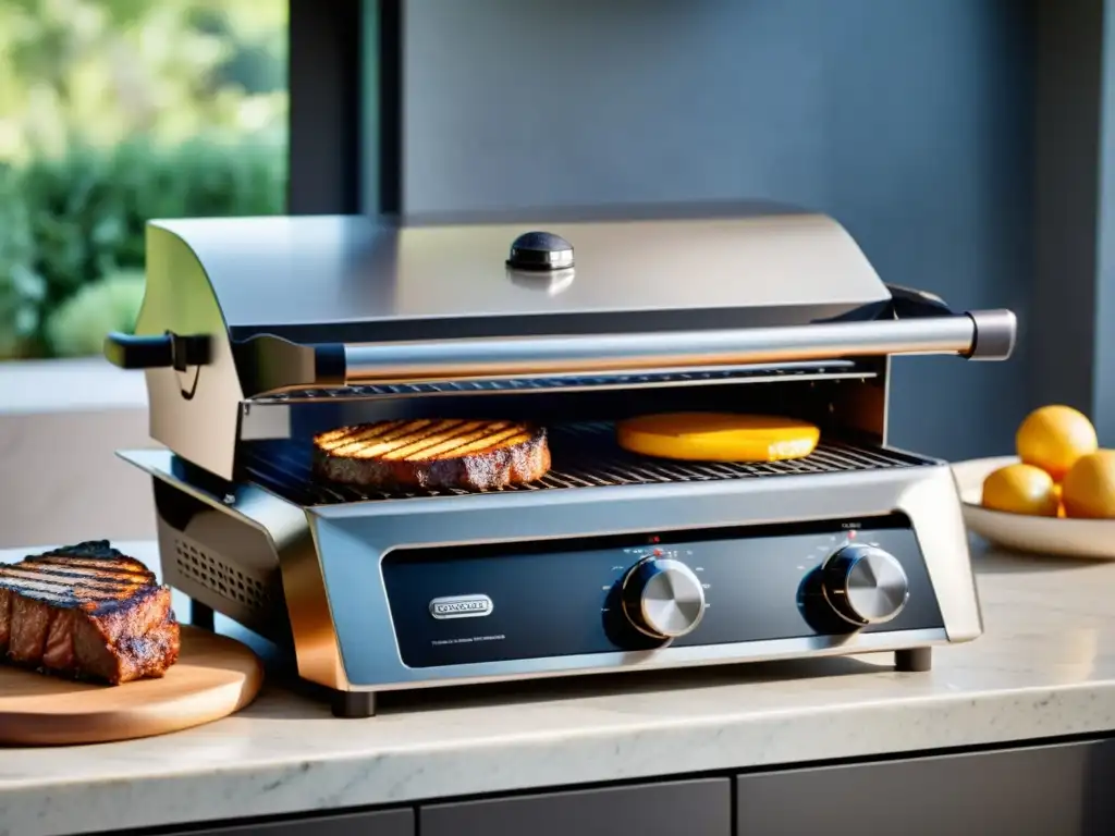 Un elegante grill eléctrico y una parrilla de contacto tradicional en una moderna cocina exterior