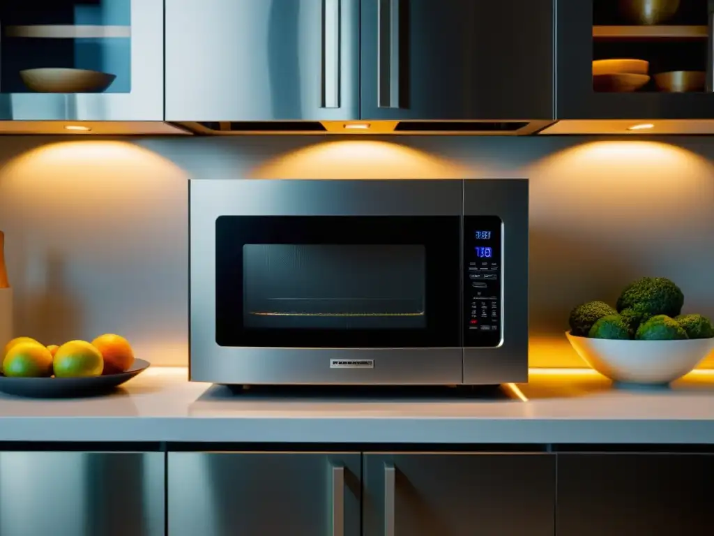 Un elegante horno microondas de acero inoxidable con funciones de freidora de aire y horno de convección, iluminado por suave luz bajo gabinetes en una cocina contemporánea