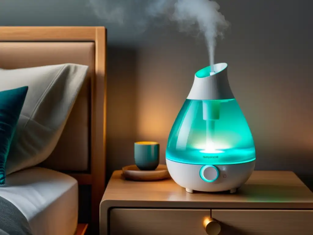 Un elegante humidificador Dyson Humidify+Cool en una mesita de noche, iluminado por una cálida lámpara de noche