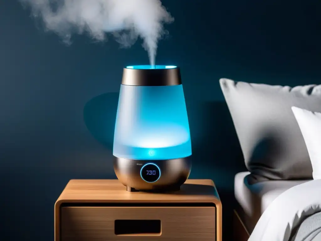 Un elegante humidificador emite suavemente niebla fresca, iluminando la habitación con un brillo calmante