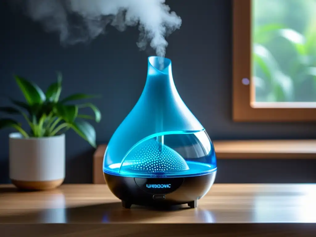 Un elegante humidificador ultrasónico en un hogar moderno, emitiendo una fina niebla