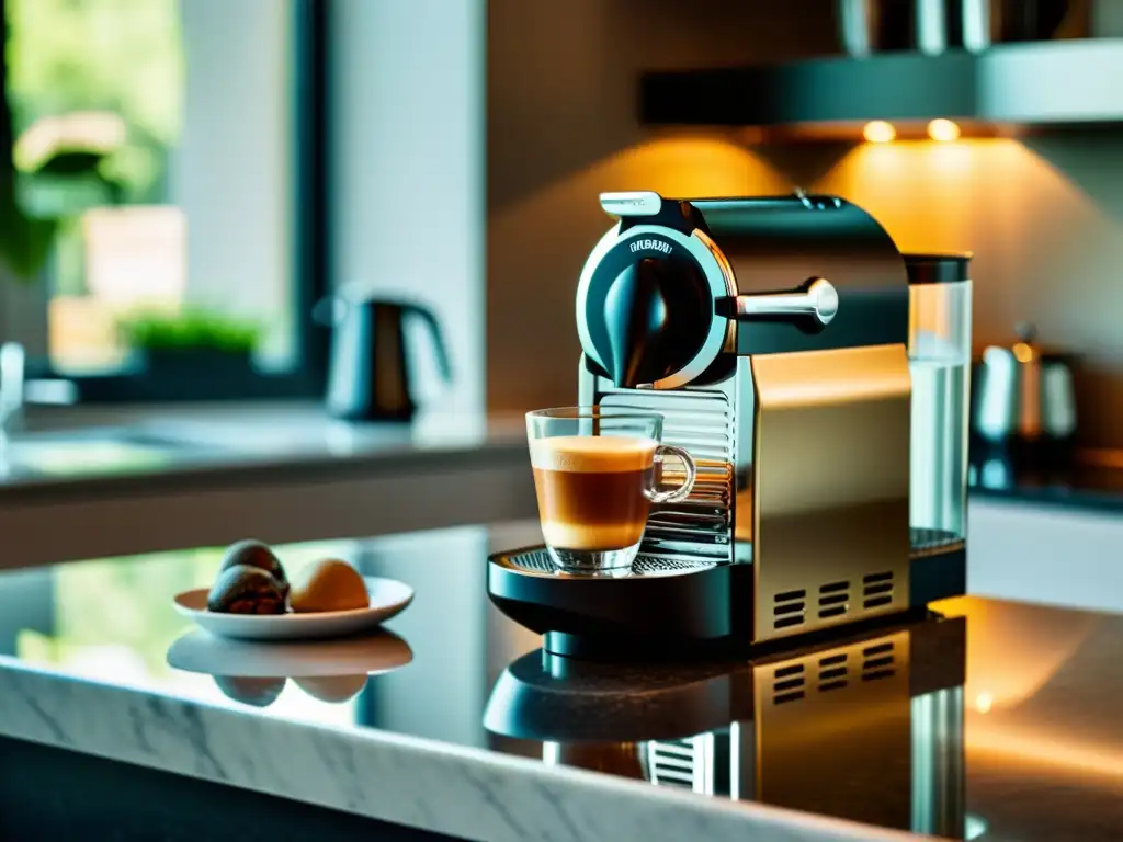 Una elegante máquina de café Nespresso en una encimera de mármol, rodeada de tazas de espresso y granos de café