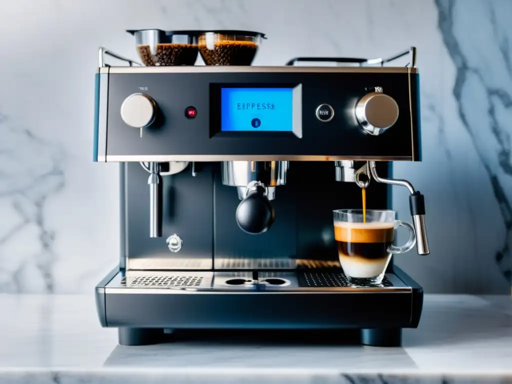 Una elegante máquina de espresso en una encimera de mármol, con un diseño minimalista y un suave brillo azul