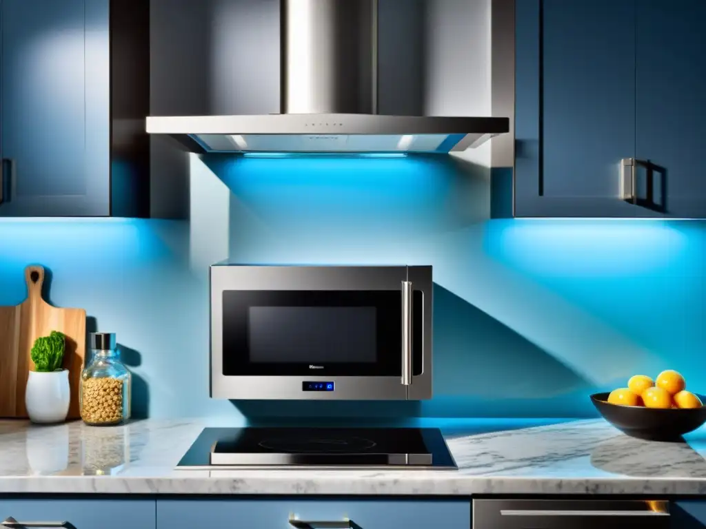 Un elegante microondas de acero inoxidable con display digital y controles táctiles, en una cocina sofisticada con iluminación ambiental