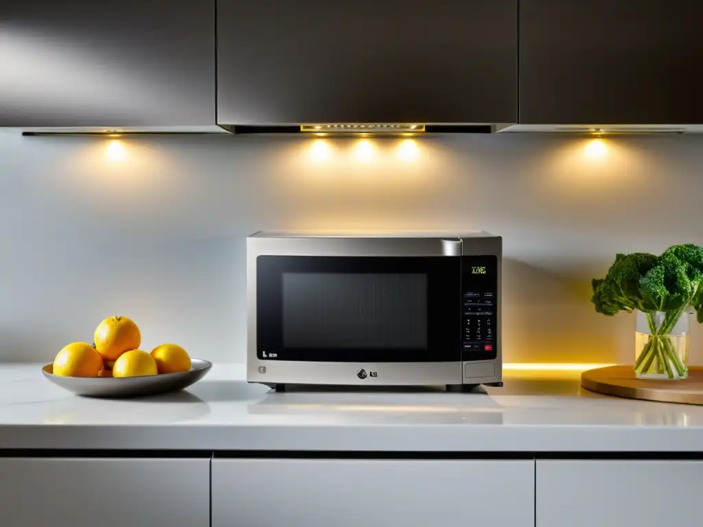 Un elegante microondas LG con acabado de espejo y detalles en acero inoxidable, iluminado desde adentro