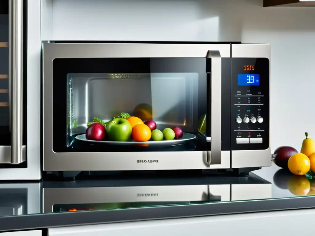 Un elegante microondas moderno con puerta de cristal transparente, en una cocina blanca con frutas y verduras vibrantes