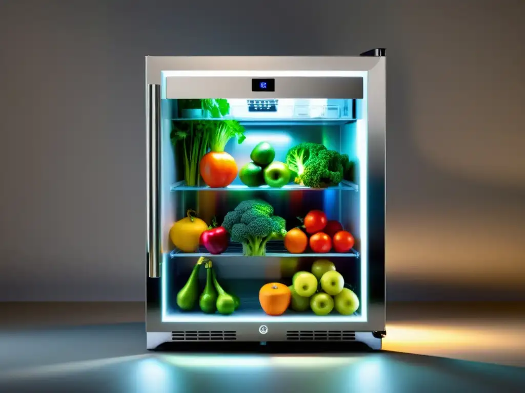 Un elegante mini refrigerador de acero inoxidable con puerta de vidrio, repleto de frutas y verduras organizadas, iluminado por suave luz LED