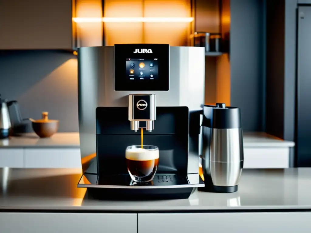 Una elegante y moderna cafetera automática Jura Z8 en una encimera blanca impecable, con una taza de café recién hecho al lado