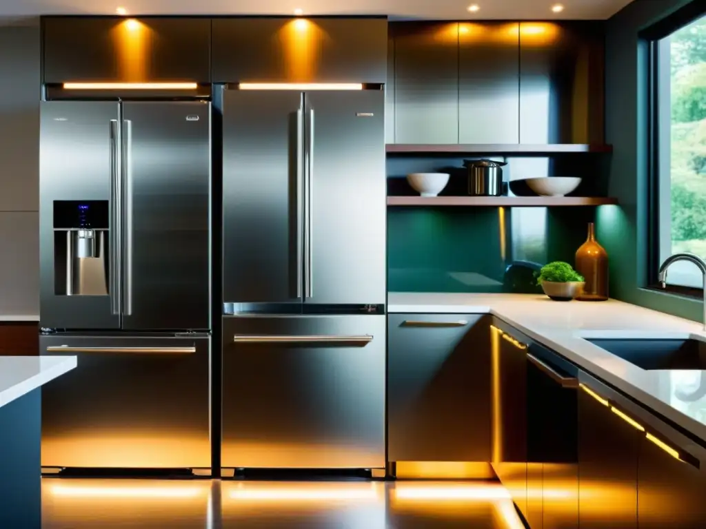 Un elegante y moderno ambiente de cocina con electrodomésticos reacondicionados que lucen como nuevos bajo la cálida iluminación LED empotrada