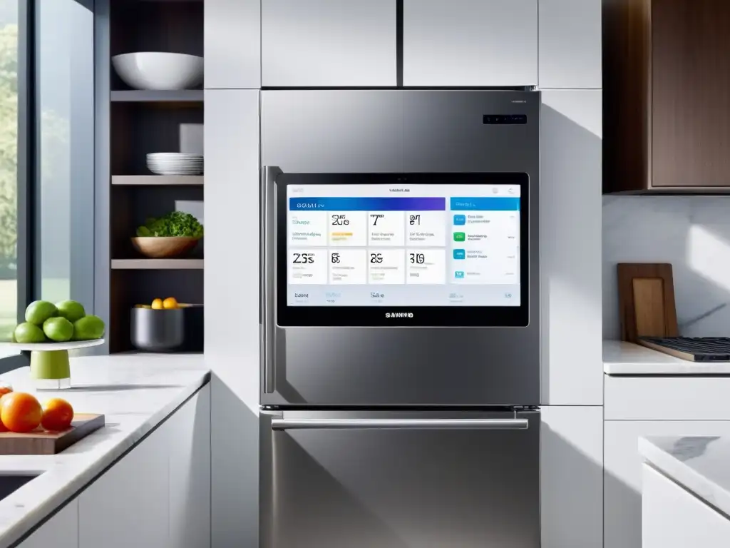 Un elegante y moderno ambiente de cocina con el frigorífico inteligente Samsung como pieza central, mostrando su conveniencia y elegancia