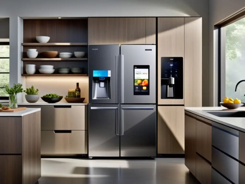 Un elegante y moderno ambiente de cocina con el frigorífico inteligente Samsung como pieza central, ofreciendo un ambiente luminoso y acogedor