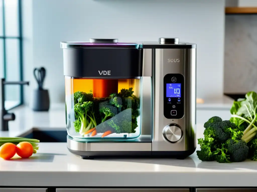 Un elegante y moderno equipo de cocción sous vide con pantalla digital y detalles de acero inoxidable sobre una encimera blanca impecable