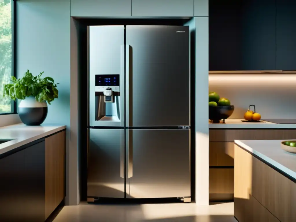 Un elegante y moderno refrigerador con certificación energética, iluminando una cocina contemporánea