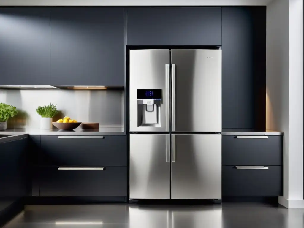 Un elegante y moderno refrigerador inteligente con pantalla táctil integrada, destacando las innovadoras características tecnológicas