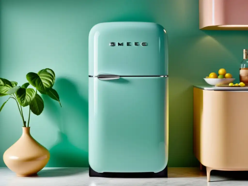 Una elegante nevera SMEG de diseño retro en un entorno minimalista, con un toque nostálgico y sofisticado