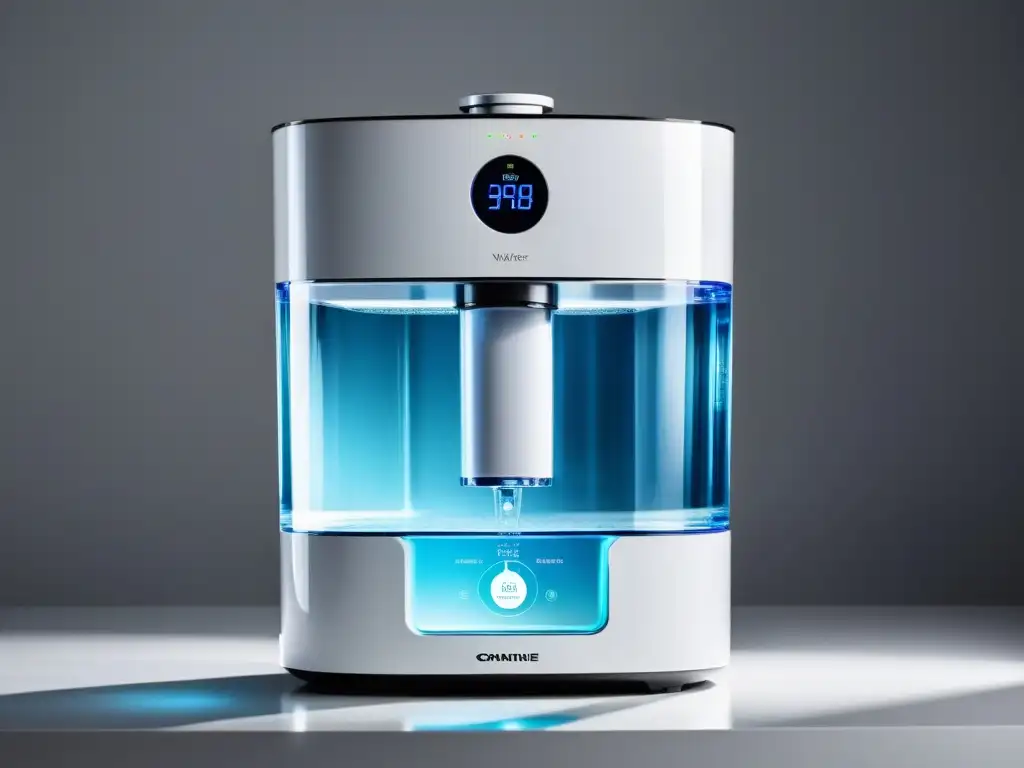 Un elegante purificador de agua alcalina con diseño moderno y cristalina agua, en un entorno minimalista iluminado de forma natural