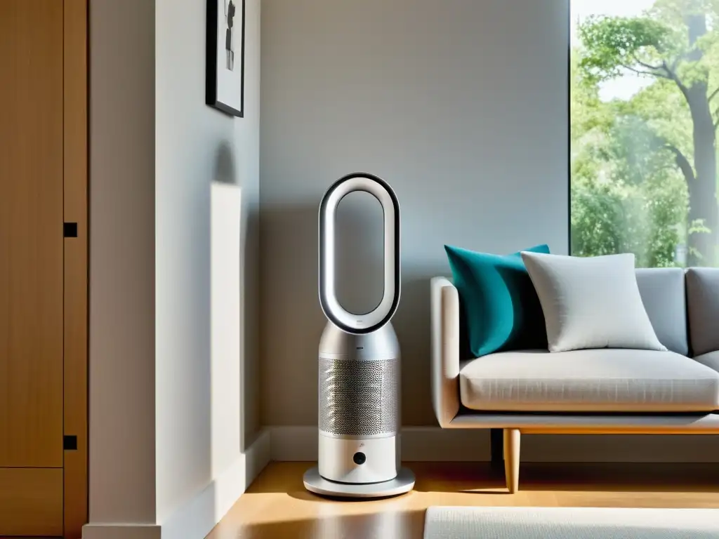 Un elegante purificador de aire Dyson Pure Cool en un moderno y luminoso salón