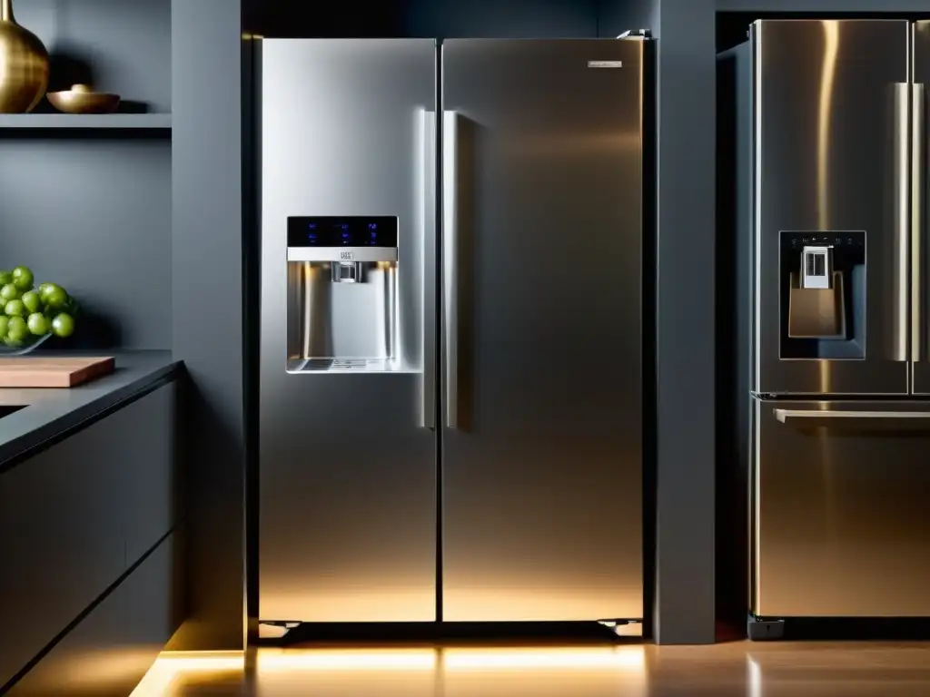 Un elegante refrigerador de acero inoxidable con acabado metálico, reflejando la suave luz de la cocina