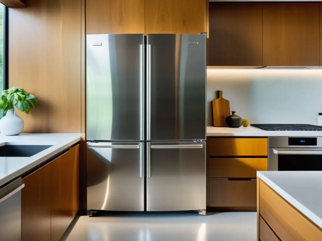 Un elegante refrigerador de acero inoxidable reacondicionado como punto focal en una cocina moderna y sofisticada